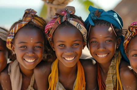 five girls in a traditional Djiboutian village are smiling.の素材