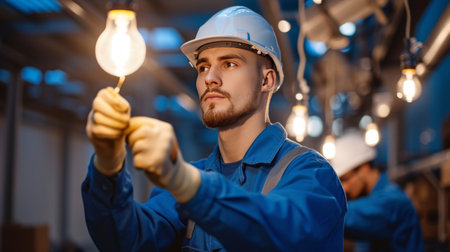 Male workers in blue overalls changing a light bulb.の素材