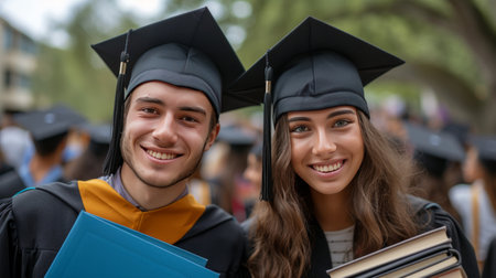 A couple of happy graduates wearing graduation caps smile while looking at the camera.の素材