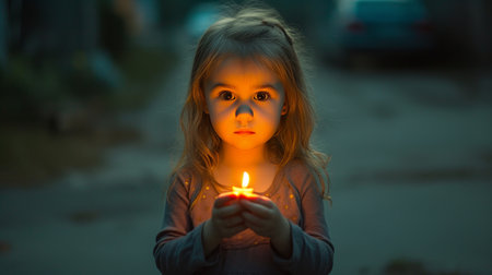 A little girl holds a lit match in her hands. Dark street around.の素材