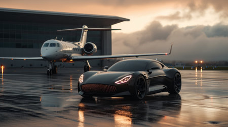A luxury abstract car stands near a business jet on the runway.の素材