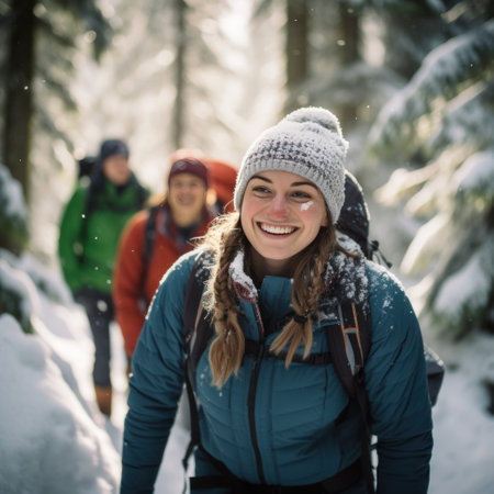 A group of hikers smiling as they trek through a snowy forestの素材