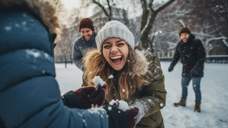 A group of friends laughing and throwing snowballs at each other in a snowy park.の素材