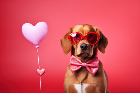 Dog surrounded by heart-shaped balloons.の素材
