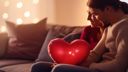 couple cuddling on a couch with a heart-shaped pillow in the foreground and a blurred bokeh background.の素材