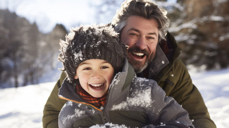 A father and son sledding down a hill together, both with smiles on their facesの素材