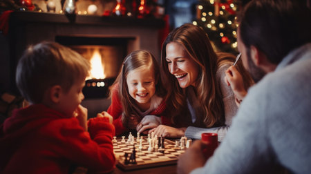 a family gathered around a fireplace, enjoying each other's company on Christmas dayの素材