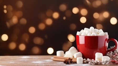A beautiful image of a cup of hot cocoa with marshmallows, surrounded by Christmas cookies.の素材