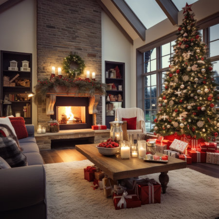 a beautifully decorated living room with a Christmas tree, presents, and garlands.の素材