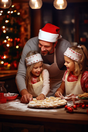 Happy family cooking Christmas cookies in the kitchen. Mother, father and their children are preparing cookies.の素材