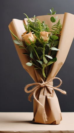 A bouquet of flowers wrapped in brown paper and tied with twine, a simple yet elegant way.の素材