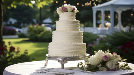 A beautiful outdoor wedding setting with a three-tiered white wedding cake on a table.の素材
