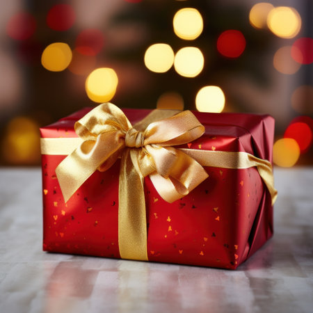 a beautifully wrapped present with a festive red and gold ribbon.の素材