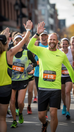 group of runners high-fiving each other after completing a marathon, with huge smiles on their facesの素材