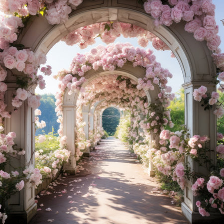 picturesque garden featuring a white trellis archway covered in blooming pink roses.の素材