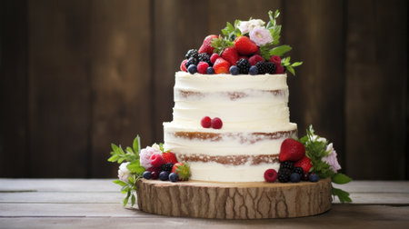 A charming and rustic wedding cake with fresh fruit and foliage,.の素材