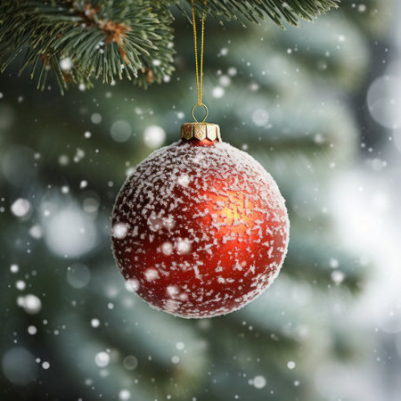 A beautiful close-up of a traditional Christmas ornament hanging on a tree branch.の素材