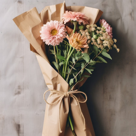 A bouquet of flowers wrapped in brown paper and tied with twine, a simple yet elegant way.の素材