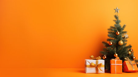 A bright orange background with a small Christmas tree and a few gift boxes placed around it.の素材