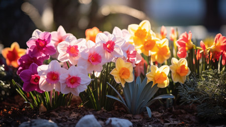 A bright and colorful shot of a garden bed filled with a variety of spring flowers.の素材