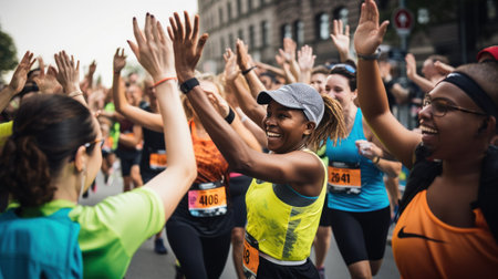 group of runners high-fiving each other after completing a marathon, with huge smiles on their facesの素材
