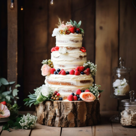 A charming and rustic wedding cake with fresh fruit and foliage,.の素材