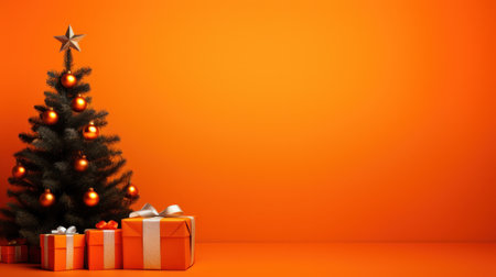 A bright orange background with a small Christmas tree and a few gift boxes placed around it.の素材