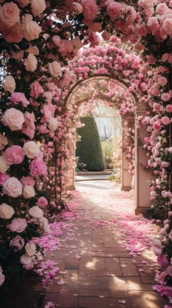 picturesque garden featuring a white trellis archway covered in blooming pink roses.の素材
