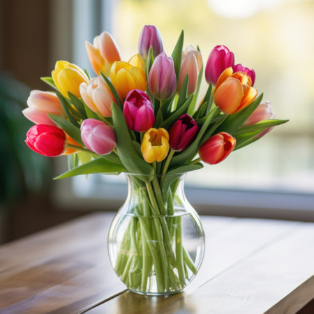 A bouquet of colorful tulips in a vase on a wooden table with natural light.の素材