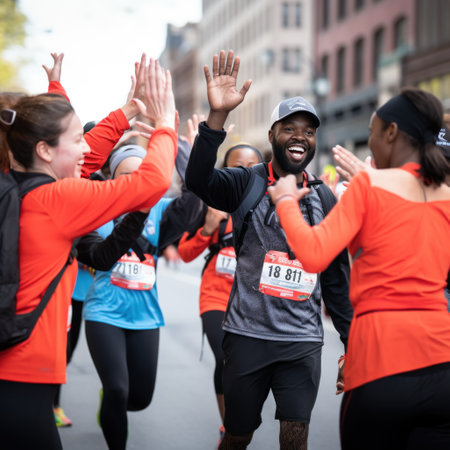 group of runners high-fiving each other after completing a marathon, with huge smiles on their facesの素材