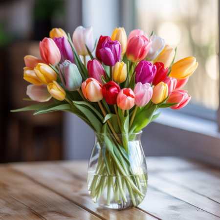 A bouquet of colorful tulips in a vase on a wooden table with natural light.の素材