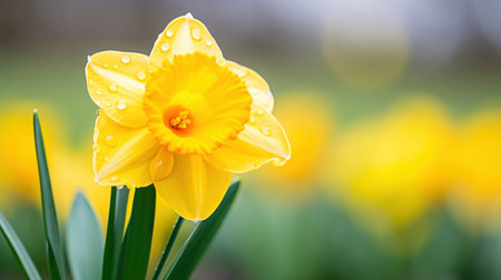 a bright yellow daffodil with a blurred green background.の素材