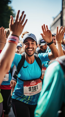group of runners high-fiving each other after completing a marathon, with huge smiles on their facesの素材