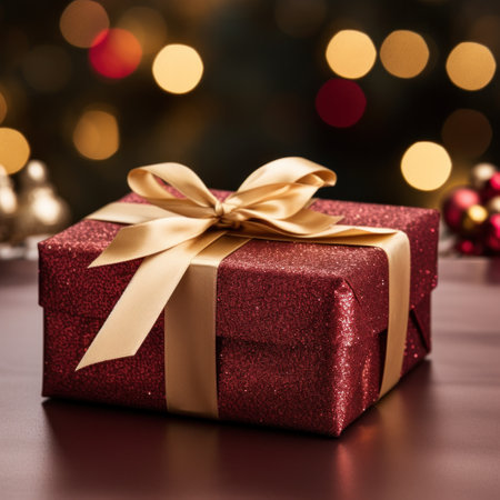 a beautifully wrapped present with a festive red and gold ribbon.の素材