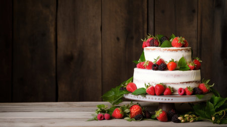 A charming and rustic wedding cake with fresh fruit and foliage,.の素材