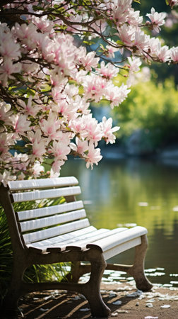A calming image of a peaceful garden bench surrounded by blooming flowers and greenery.の素材