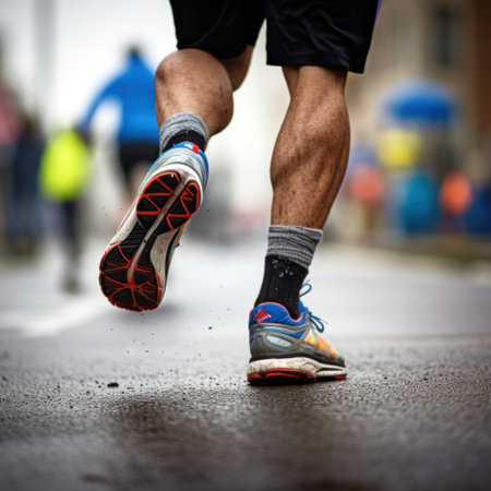 runner's feet hitting the pavement during a marathon, showcasing their running shoes and form.の素材