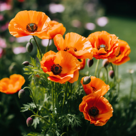 A cluster of bright orange poppies in a field with a blurry green background