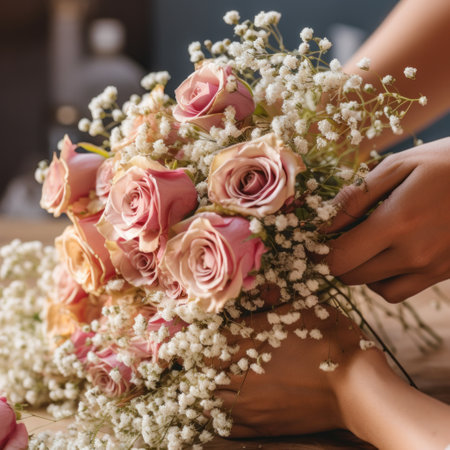 florist's hands carefully arranging a bouquet of roses and baby's breath.の素材