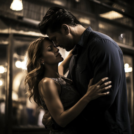 A couple dancing together, lost in the moment and wrapped in each other's armsの素材
