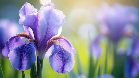 A close-up of a purple iris with a soft focus background.の素材