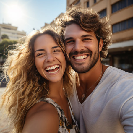 A couple laughing together while taking a playful selfie, capturing their joy and love for each other.の素材