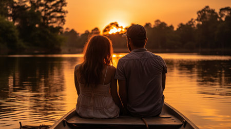 A couple walking hand in hand on a beautiful beach at sunset, with the ocean in the background.の素材