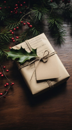 gift wrapped in newspaper with a sprig of holly and a handwritten tag that says "Happy Holidays."の素材