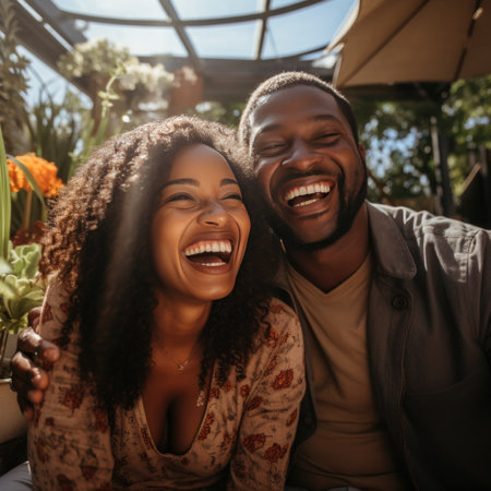 A couple laughing together while taking a playful selfie, capturing their joy and love for each other.の素材