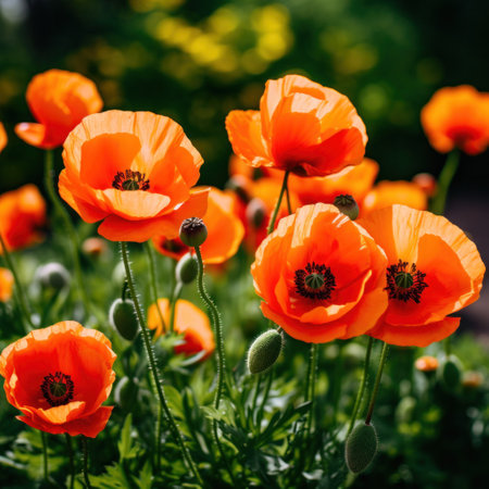 A cluster of bright orange poppies in a field with a blurry green backgroundの素材
