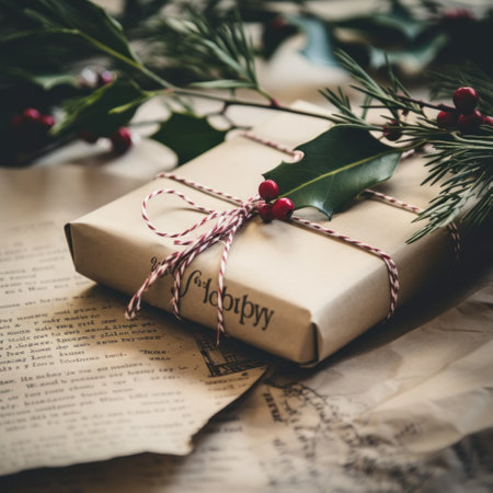 gift wrapped in newspaper with a sprig of holly and a handwritten tag that says "Happy Holidays."の素材