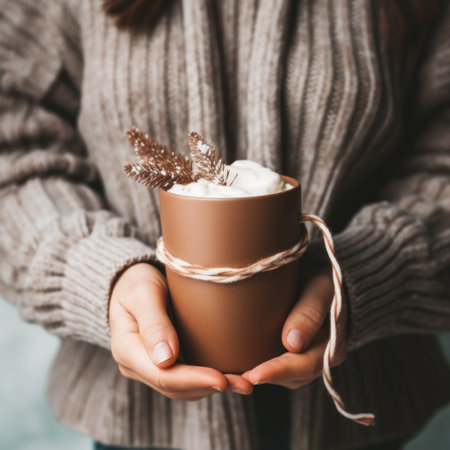person holding a mug of hot cocoa in one hand and a gift wrapped with brown paper.の素材
