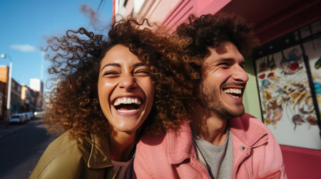 A couple laughing together while taking a playful selfie, capturing their joy and love for each other.の素材