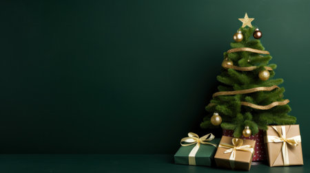 A dark green background with a medium-sized Christmas tree and a few gift boxes underneathの素材